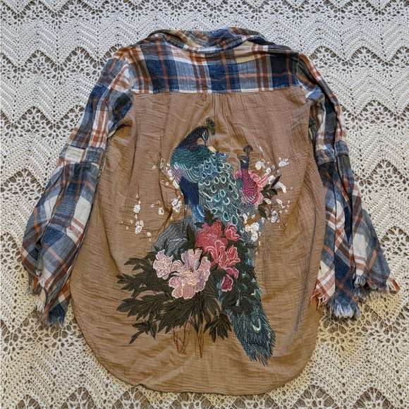 Aratta Silent Journey Tops - Aratta Silent Journey Embroidered Peacock Plaid Tunic Shirt Boho Chic Cotton